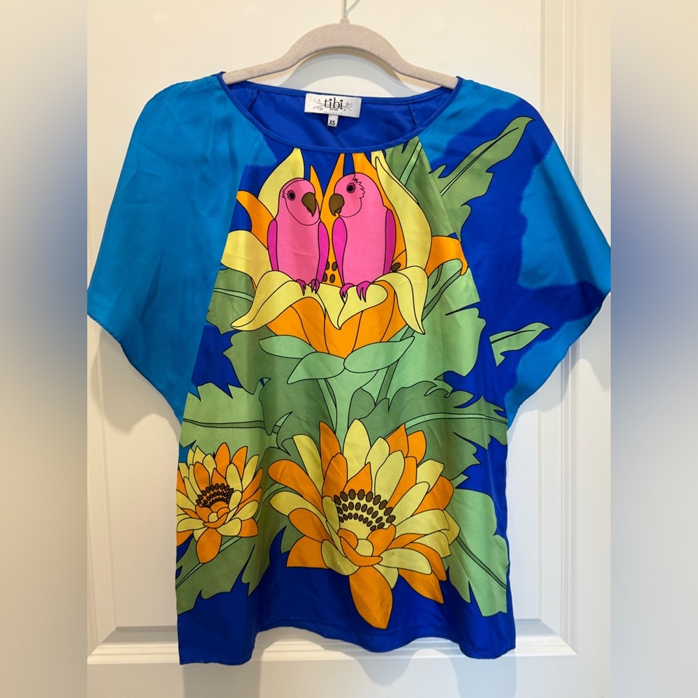 Tibi Blue 100% Silk Parrot Love Birds Cold Shoulder Blouse